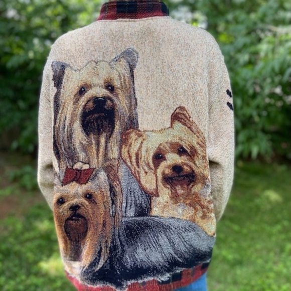 Vtg SUGAR STREET WEAVER Yorkshire Terrier Tapestry Jacket Cardigan Dogs Cottage - Picture 3 of 16